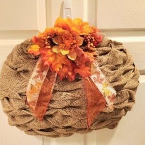 Rustic Burlap Wreath with Orange Floral Accent